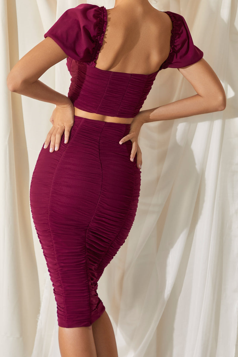 All Ruched Up Puff Sleeve Crop Top in Plum